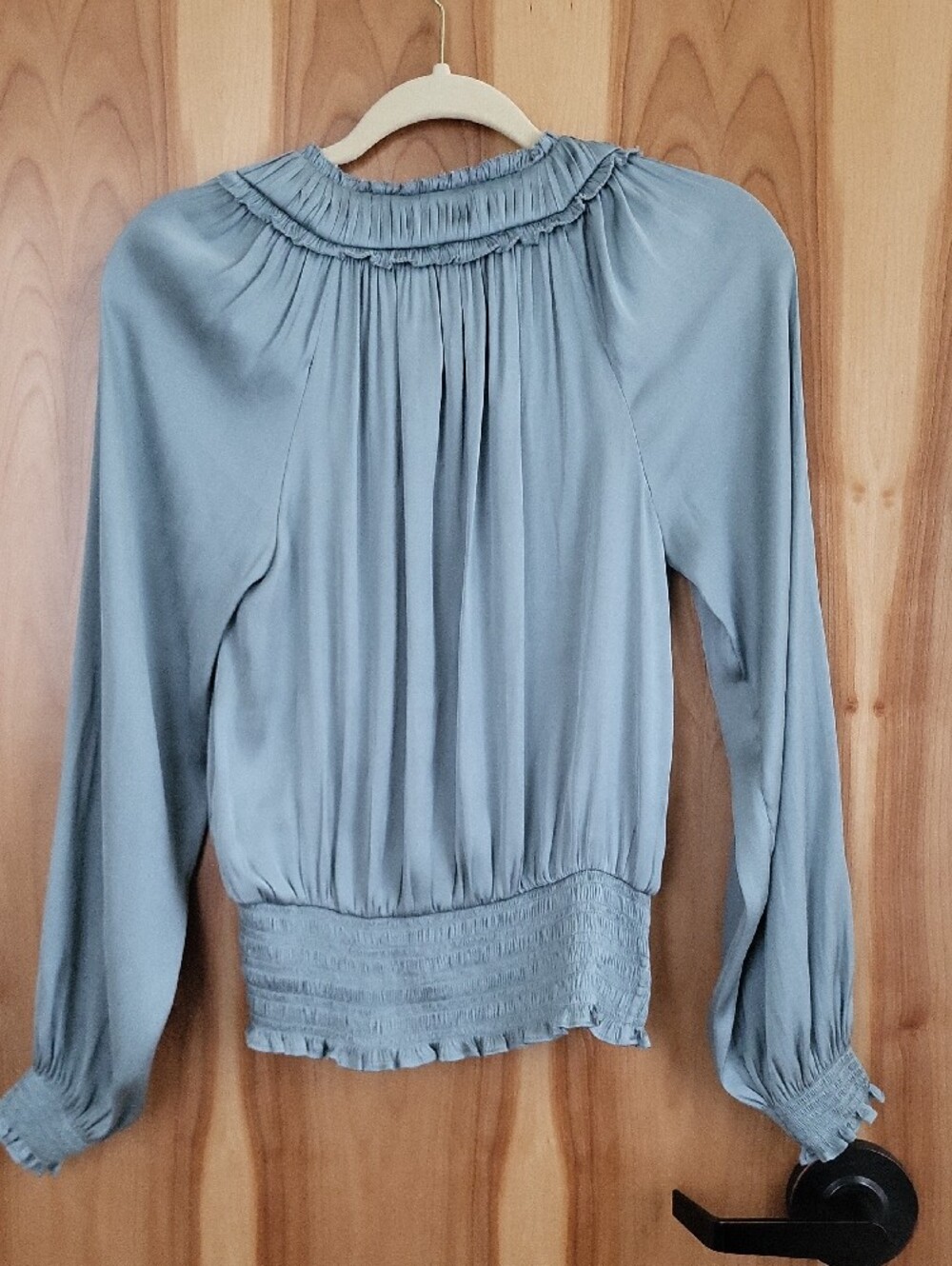 Elie Tahari Dove Blue Satin Button-Front Blouse with Ruffle Collar - Picture 4 of 5